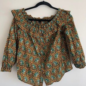 Womens J Crew Yellow Green Elephant Print Off Shoulder Peasant Blouse Top Shirt